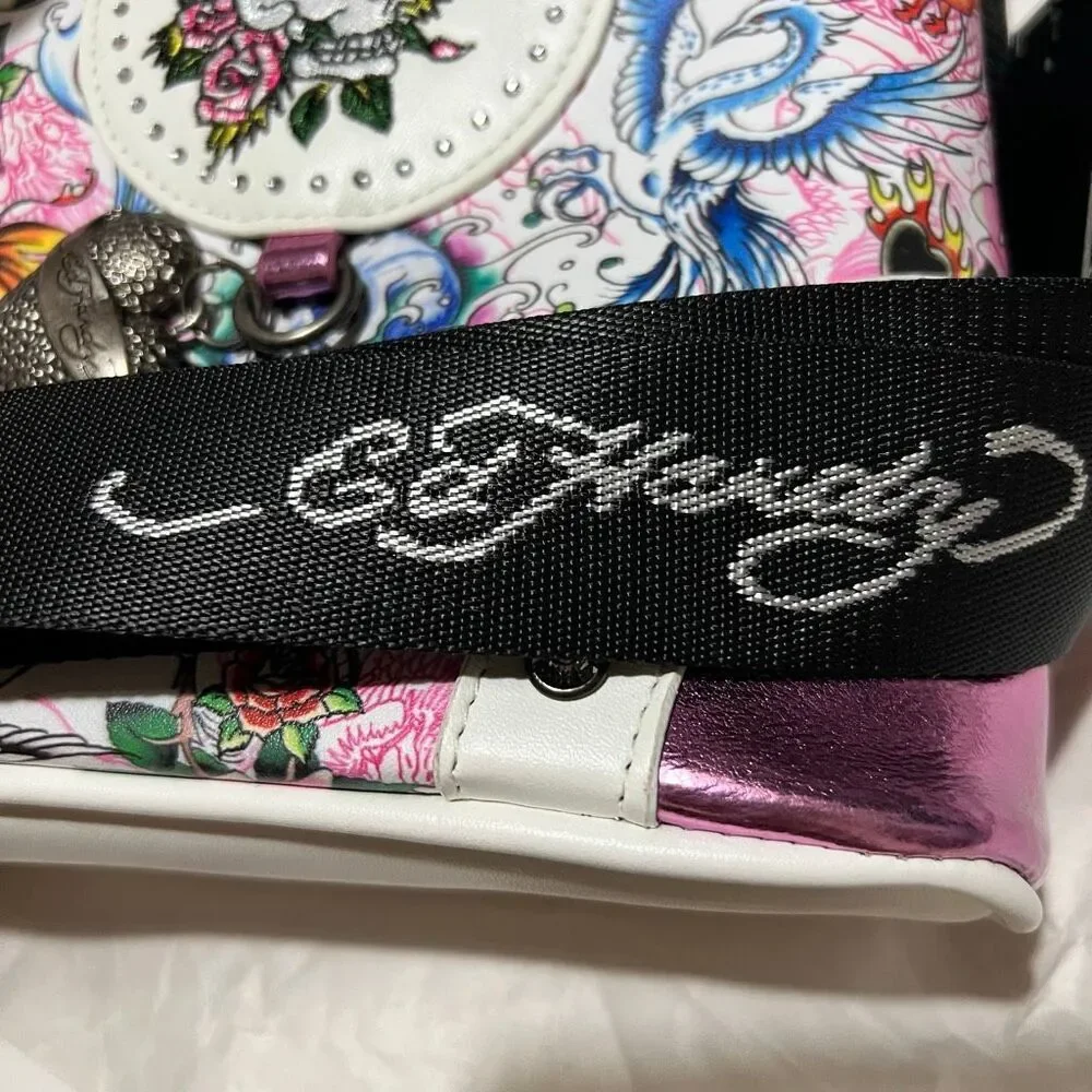 New Retro Y2K Ed Hardy Pink Metallic white tattoo print crossbody Skull Charms